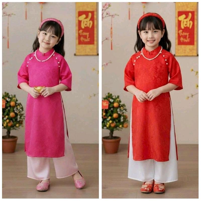 ADTT01 -Sét Áo dài Tết gấm truyền thống +quần ống xuông lụa bóng tặng vòng cổ và cài tóc 8-38kg