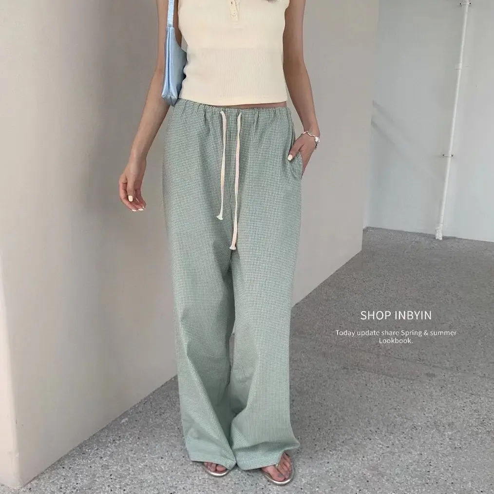 Sage Green Checkered Drawstring Cotton Trousers Pants Womenswear