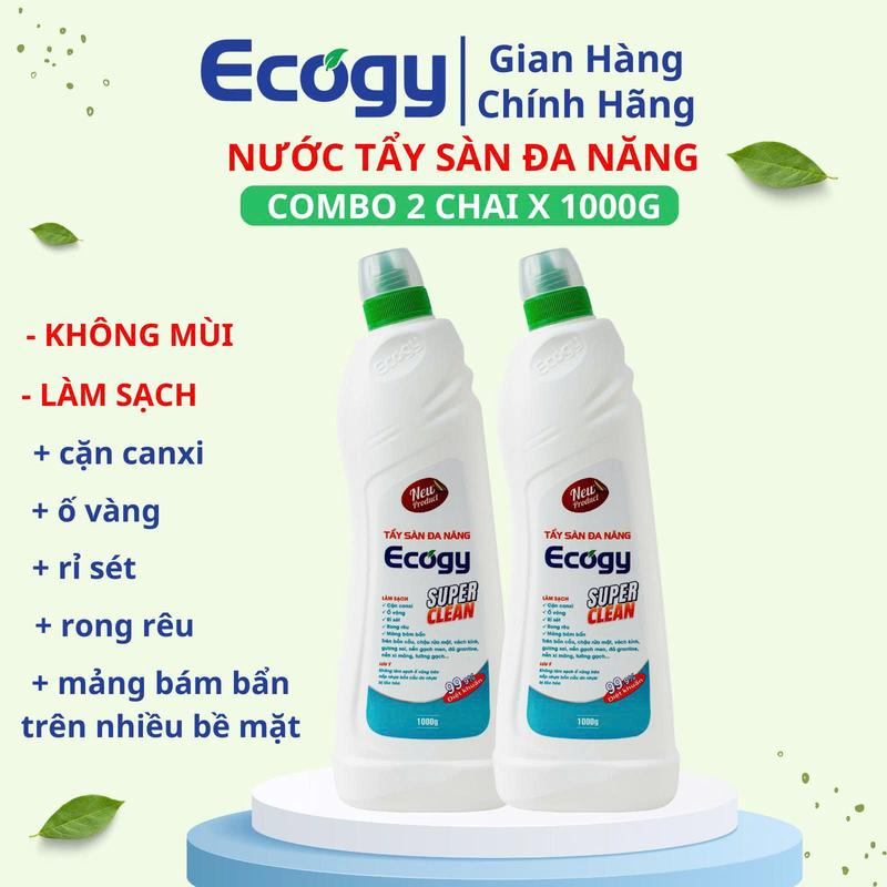ECOGY ; COMBO 2 chai Tẩy sàn đa năng 1000g chai; Hỗ trợ làm sạch các mảng bám bẩn lâu ngày cặn canxi ố vàng rỉ sét rong rêu bám trên bề mặt gạch nền xi măng bồn cầu chậu rửa mặt vách kính gương soi đá granit,.... Sản phẩm dạng nước