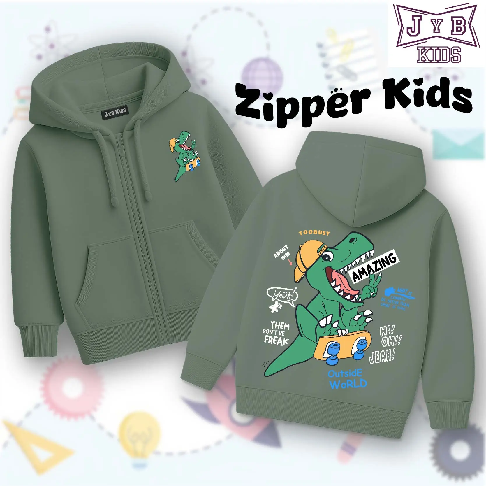 Hoodiekids Zipper Jaket [JYB] anak-anak BRAVE DINO (sablon) Size M-XXL Unisex anak cewe&anak cowok 280gsm