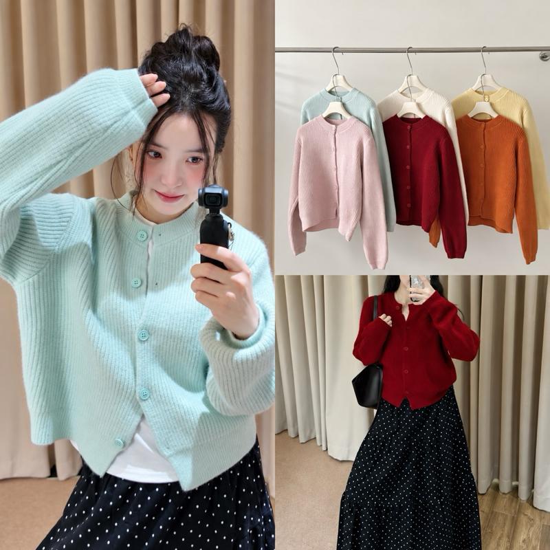 [HÀNG QC]Áo Cadigan Len Gân Cổ Tròn Dày Dặn Tone Màu Pastel siêu xinh”BURIN TOP”-Dành Cho Nữ