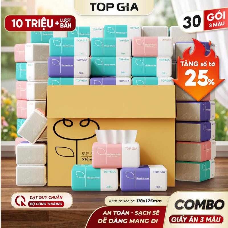 Thùng 30 gói giấy 3 màu TOPGIA chính hãng - Giấy rút để bàn 4 lớp mềm mịn -…