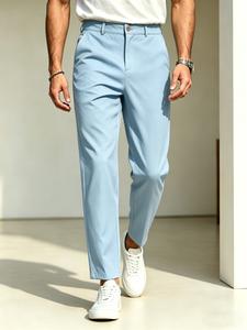Pantalones de traje para hombre de corte entallado, diseño liso, detalles de bolsillo diagonales, atuendo casual de oficina, esenciales para viajes diarios, aptos para todas las estaciones