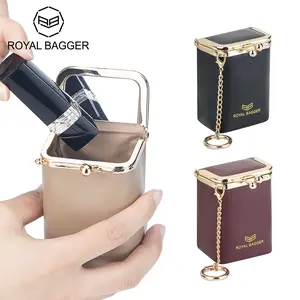 Royal Bagger Kosmetik Case Mini Berantai untuk Wanita, Dompet Kiss Lock Retro Kulit Sapi Asli, Tas Makeup Lipstik Kecil dengan Cermin