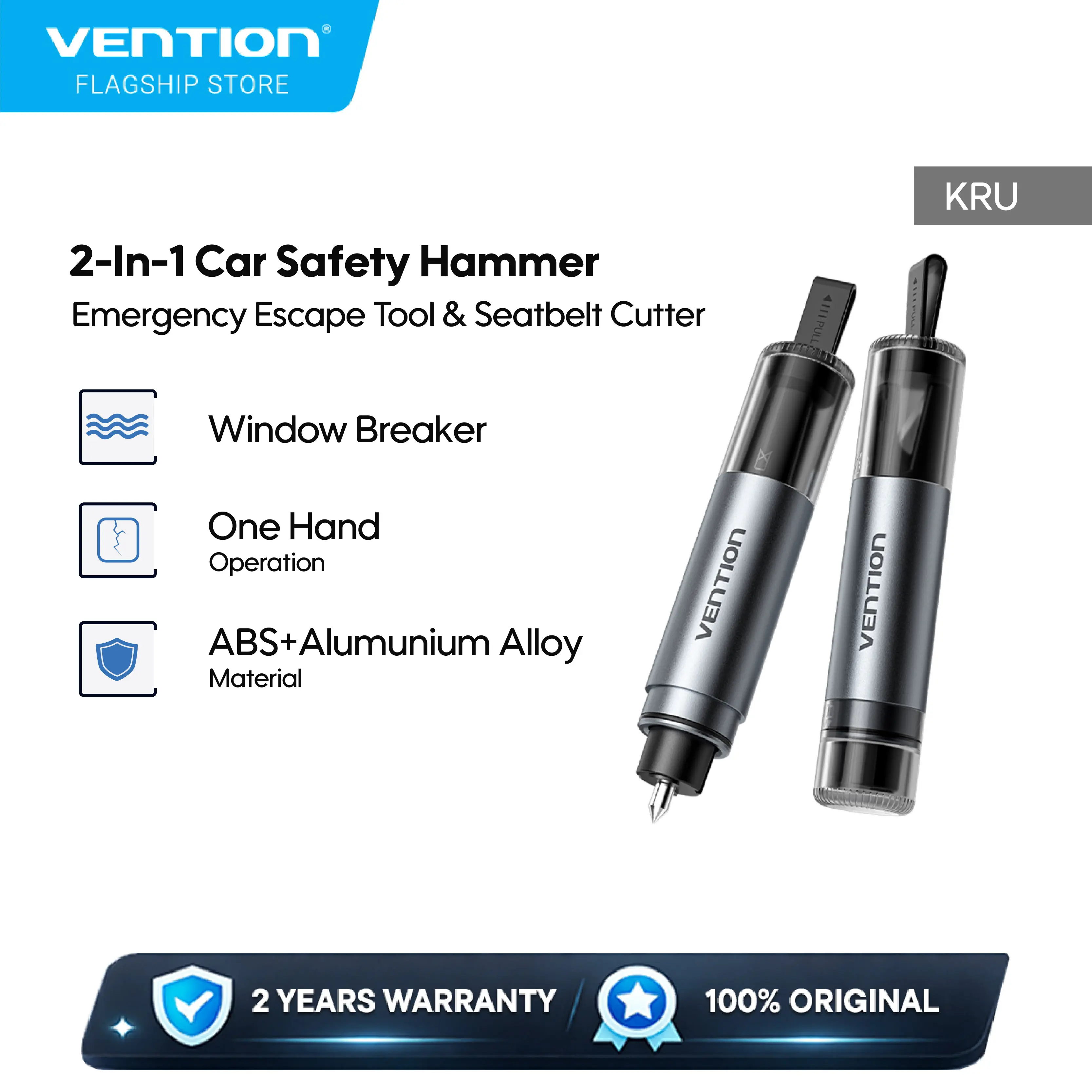 Vention 2in 1 Car Safety Tool Palu Pemecah Kaca Mobil Sharp Hammer Window Breaking Pemotong Seat Belt - KRU