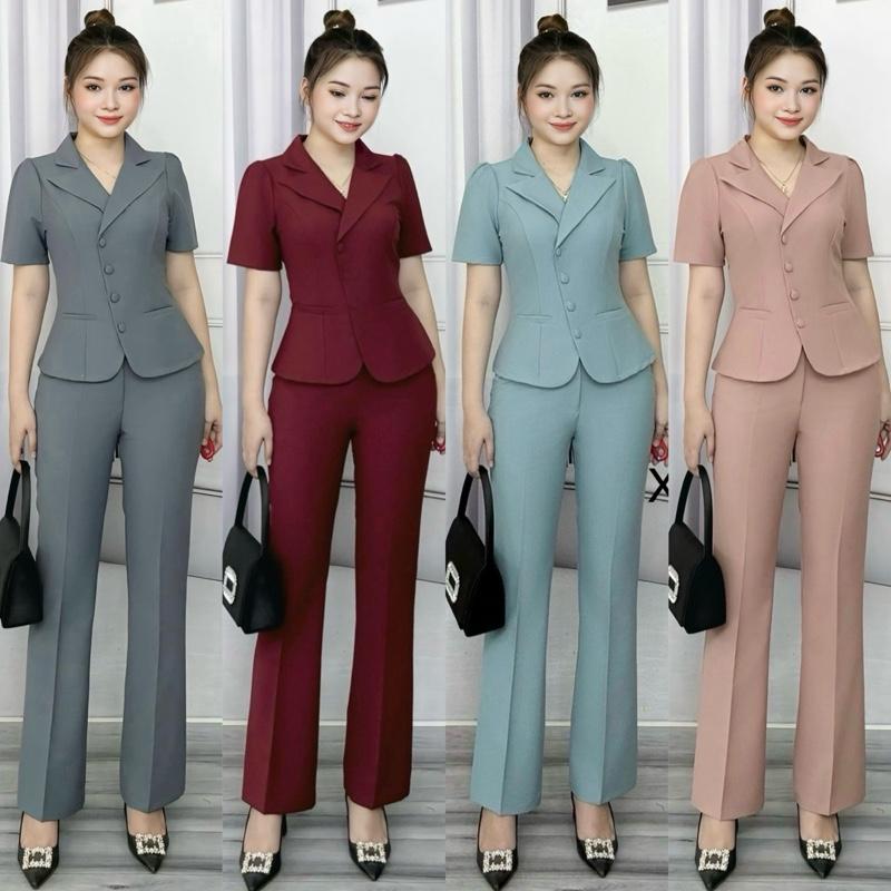 Bộ vest áo gài nút chéo thết kế cao cấp cho nữ quần ống loe nhẹ 21-22cm - Women, Top Pants