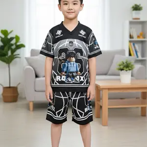 Roblox Setelan Anak Laki-laki - Jersey Hitam dengan Desain Karakter Roblox dan Celana Pendek - Cocok untuk Bermain dan Aktivitas Sehari-hari