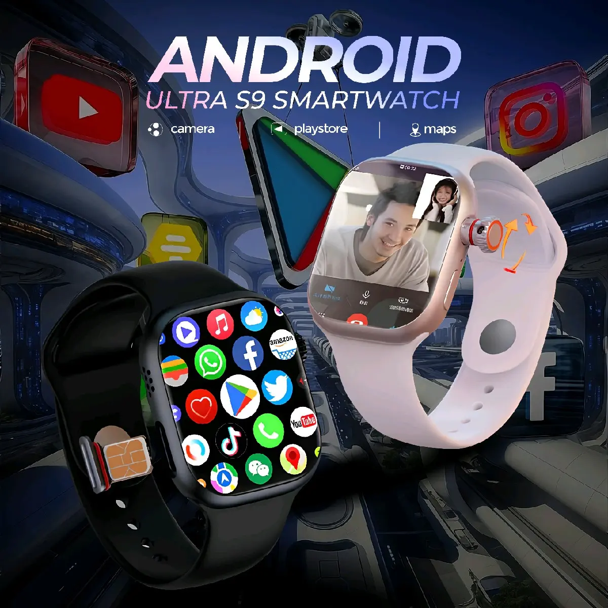 Ultra S9 Android Smart Watch AMOLED Always-on Screen, camera, RAM 4GB + 64GB ROM