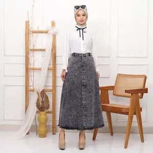 Rok Jeans Wanita Full Kancing Aktif A-Line Rawis Polos