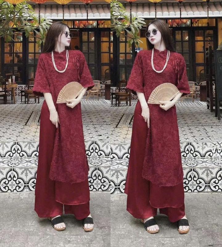 Sét áo dài nữ chất tơ lông 2 lớp thiết kế cổ tàu đính nơ kèm quần lụa suông dài trẻ trung thích hợp mặc dịp tết