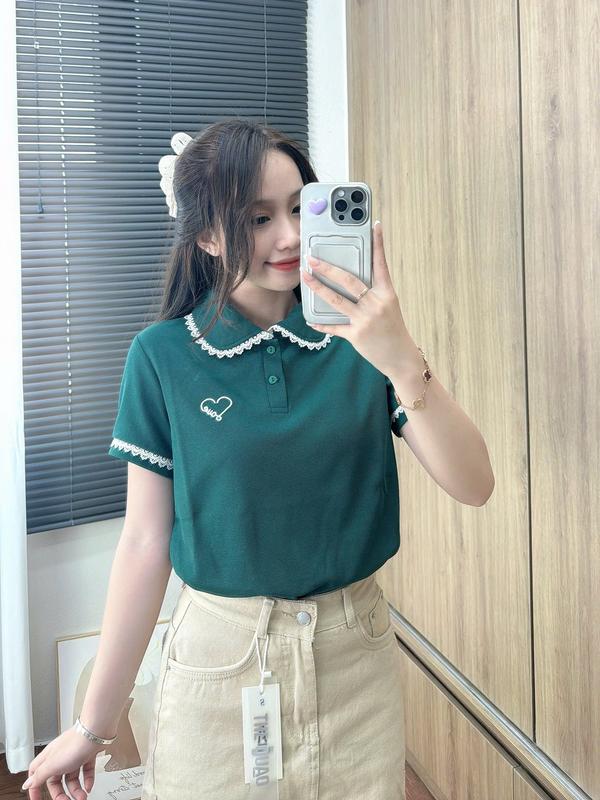 ÁO THUN POLO  NỮ THIẾT KẾ VIỀN CỔ REN TAY ÁO ,DÁNG XUÔNG NHẸ, HOẠ TIẾT THÊU ĐƠN GIẢN SANG TRỌNG DỄ PHỐI ĐỒ (M19)