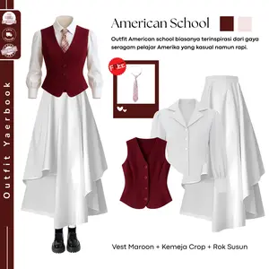 Oneset Yearbook American School Muslim ( Atasan Vest Kancing + Atasan  Kemeja Crop + Bawahan Rok Monalica ) 3In1 Outfit Yearbook Hijab Frienly - FO80
