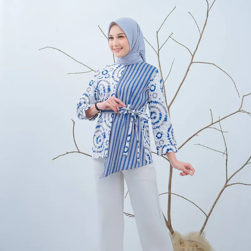 Baju Batik Wanita Lengan Panjang Motif Daun Waru Modern Monalisa Genes Blouse Bahan Katun Basic Asli Pekalongan 5