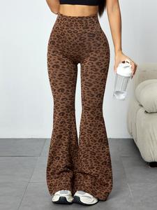 Pantalones de yoga de tejido sin costuras con estampado de leopardo para mujer, cintura alta con control de levantamiento de glúteos, deportivos, casuales y de moda, para todas las estaciones