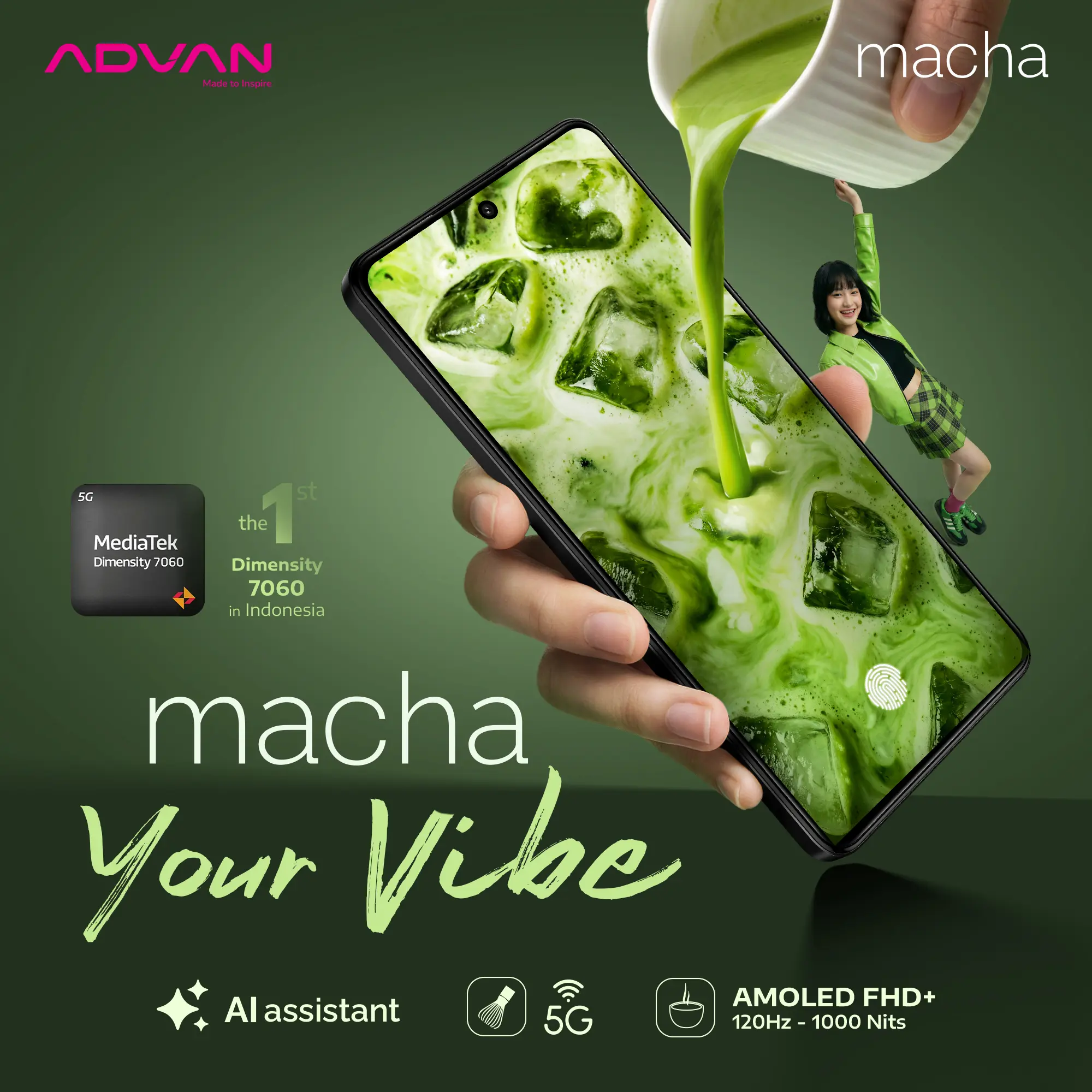 ADVAN MACHA Smartphone 5G Dimensity 7060 8GB/256GB UFS 3.1 NFC Fingerprint 5000mAh Android 15 AMOLED Display 6,67” inch 120Hz 50MP IMX752 AI Assistant Gyroscope Hardware Fast Charging