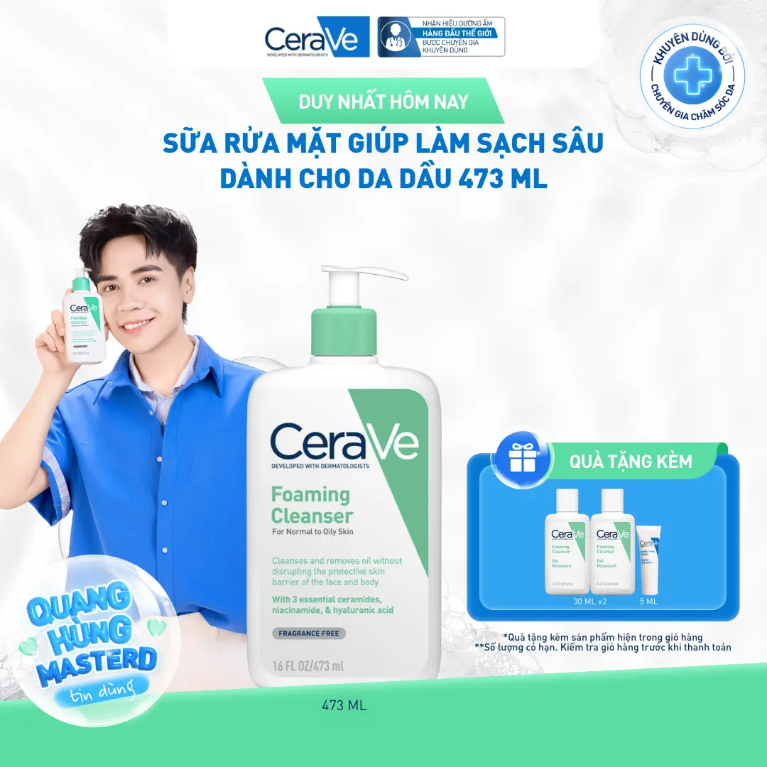 Sữa rửa mặt giúp làm sạch sâu dành cho da dầu Cerave Foaming Facial Cleans 473ML, tạo bọt làm sạch sâu dịu nhẹ và cung cấp độ ẩm cho da. Chăm sóc da_Sữa rửa mặt_Skincare cho Nam và Nữ_Cleansing