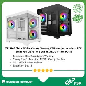 FSP S140 Black White Casing Gaming CPU Komputer micro ATX Tempered Glass Free 3x Fan ARGB Hitam Putih