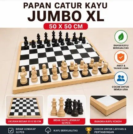 PERMAINAN CATUR KAYU UK. STANDAR INTERNATIONAL 50CM  (JUMBO ) - MURAH
