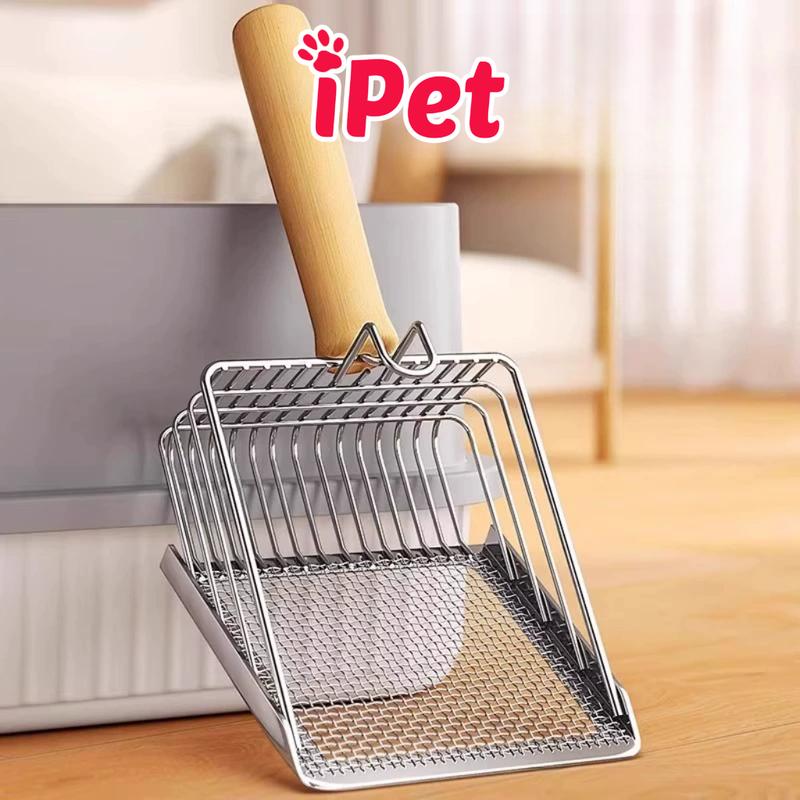 Xẻng Xúc Cát Vệ Sinh Hốt Phân Mèo Inox Không Gỉ 2 Phần Lọc Tay Cầm Bằng Gỗ - iPet Shop