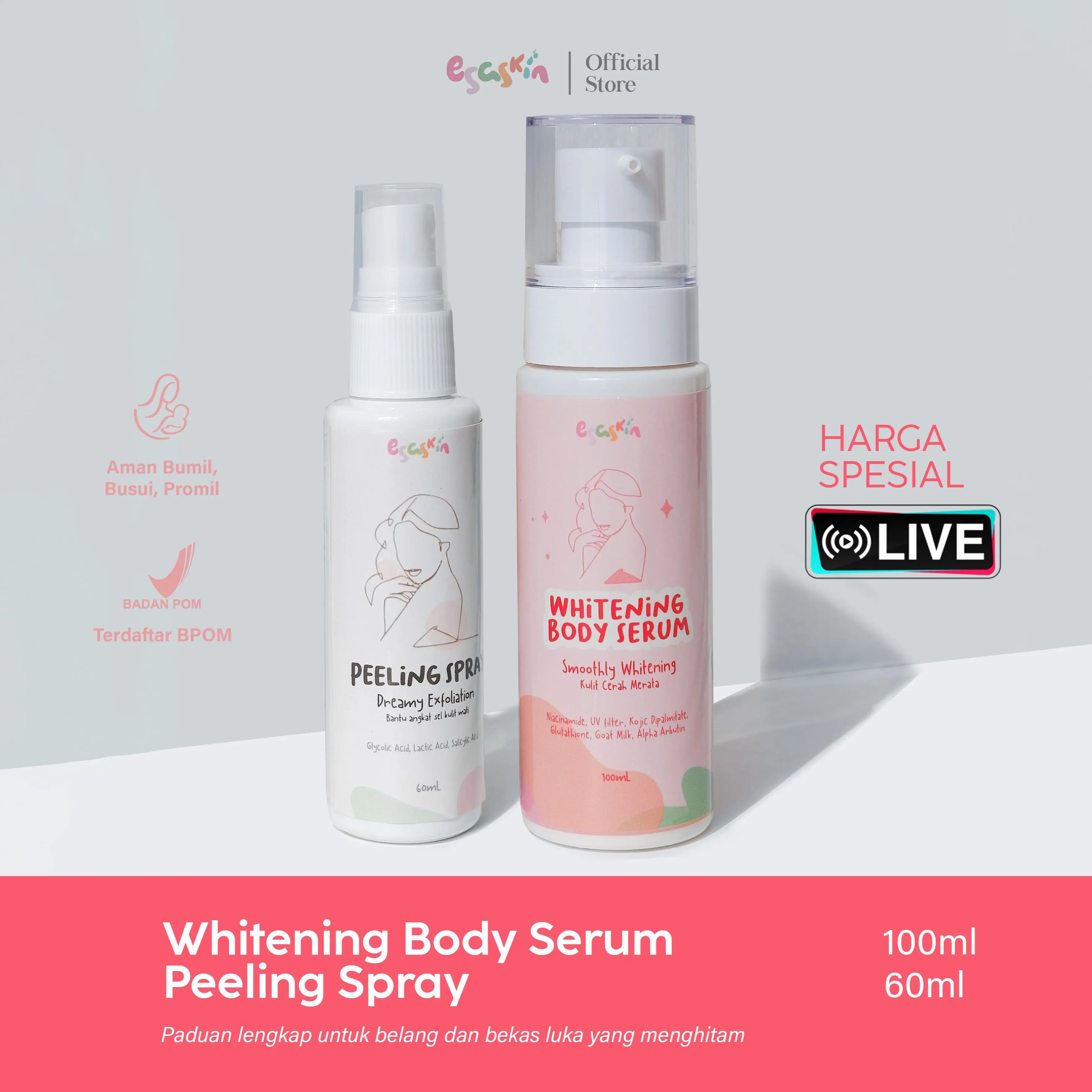 LIVE (Paket) Peeling Spray dan Body Serum - Perawatan Pencerah Kulit Belang Tubuh dan mencerahkan bekas luka