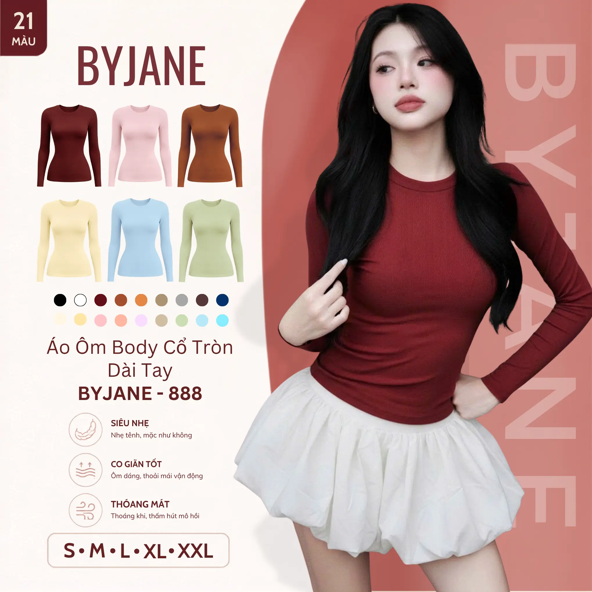 [ MÀU MỚI ] Áo Thun Nữ Ôm Body Dài Tay Cổ Tròn Basic Tôn Dáng Chất Thun Mịn Co Dãn BYJANE - 888
