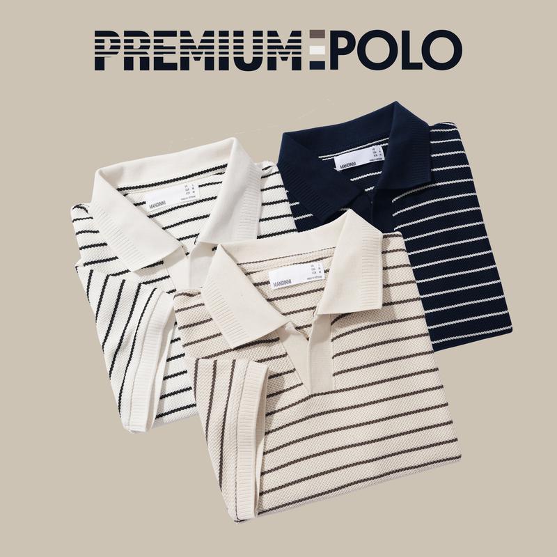   MANDINNI PREMIUM  Áo thun polo cổ V CS03 chất vải sọc vải cotton dệt họa tiết xương cá cao cấp chuẩn form năng động màu sọc phối kem be kem phối nâu 