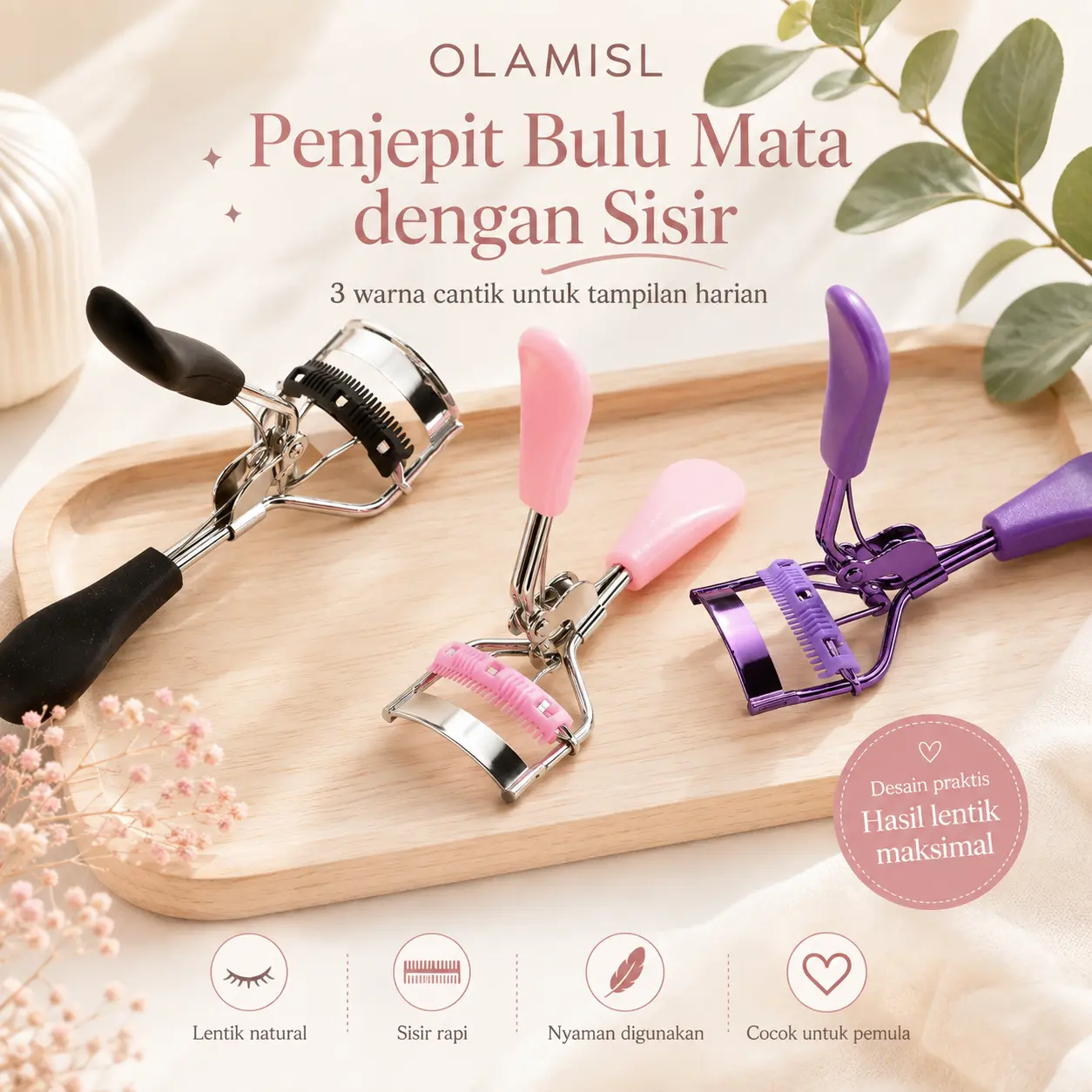 OLAMISL Eyelash Curler 3 Warna, Sisir Bulu Mata Rapi, Lentik Natural, Ringan dan Mudah Digunakan