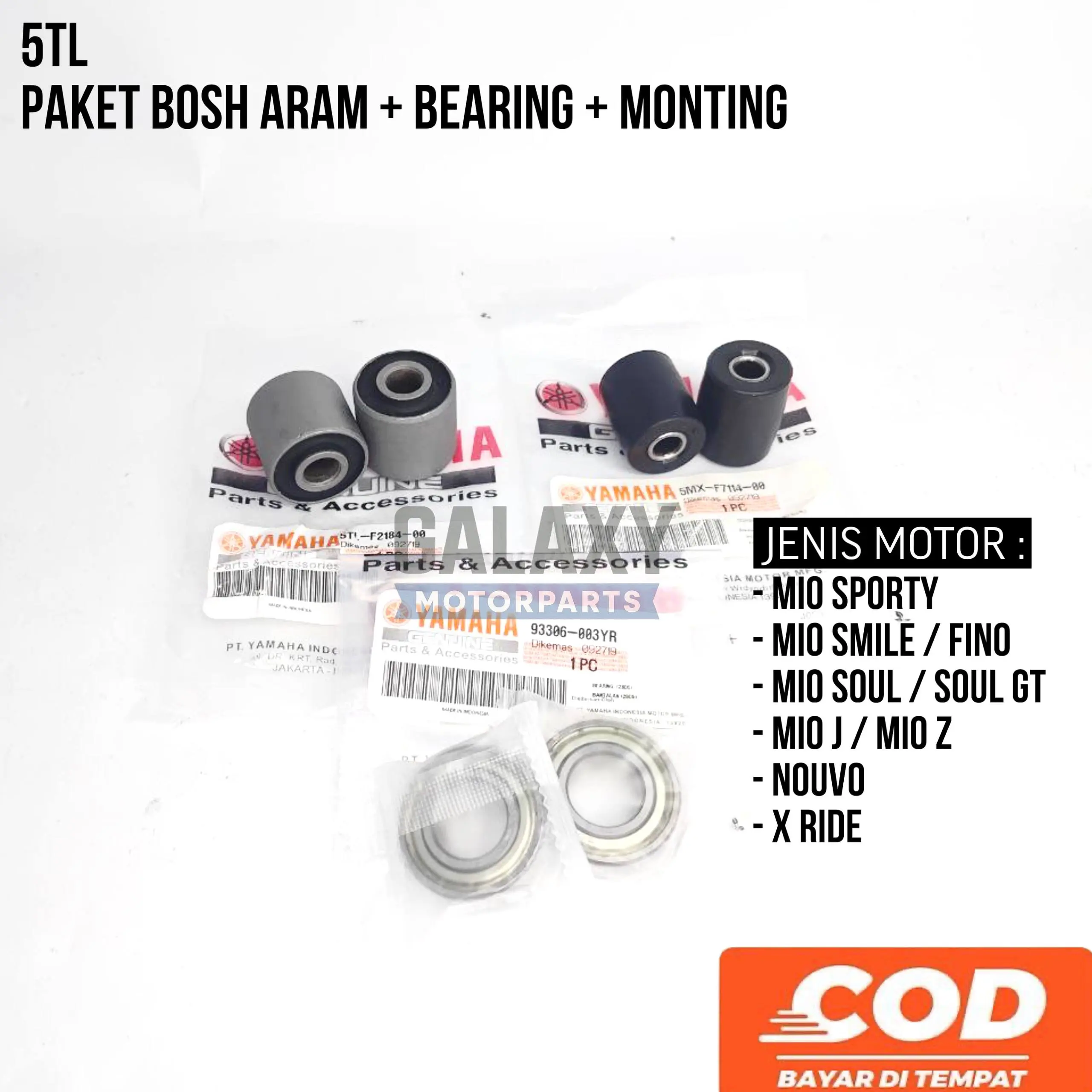 PAKET 3 ITEM BOSH ARAM + BEARING 6003 + BOSH MONTING MIO SPORTY / MIO SMILE / MIO SOUL / NOUVO / MIO M3 / MIO J / XEON / FINO KARBU / FINO FI INJEKSI / X RIDE / MIO GT /MIO S LENGAN AYUN KLAHAR 6003 LAHER / LAHAR / ARM FORK MESIN PAKETAN