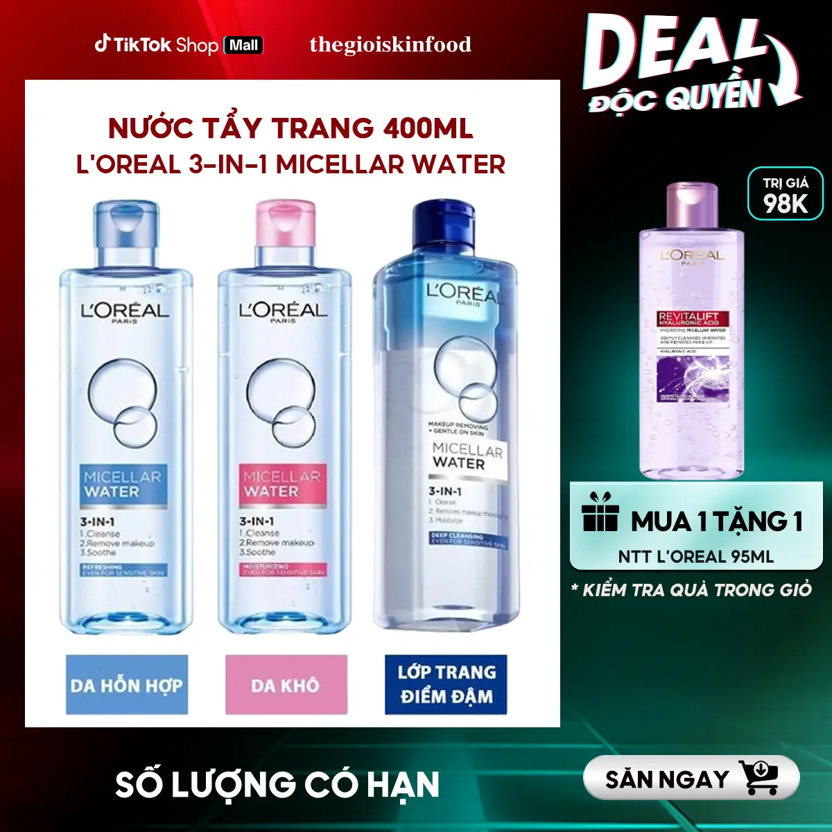 [MUA 1 TẶNG 1] Nước Tẩy Trang L'Oreal 3-in-1 Micellar Water Cosmetic Mỹ Phẩm