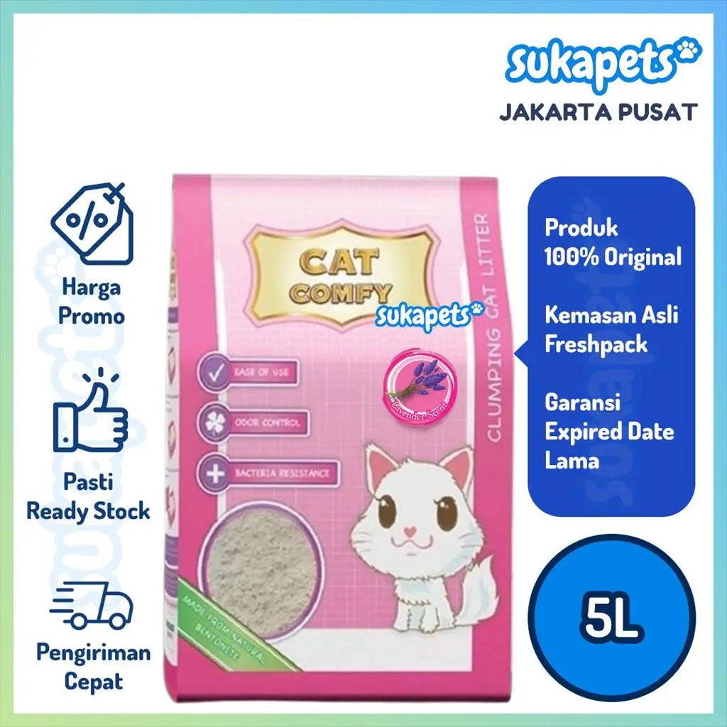 Cat Comfy Bentonite Cat Litter Pasir Kucing Gumpal Wangi Lavender 5L