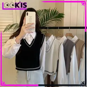 {COD} LOOKIS- Outer Top V-neck Knit Crop Korean Style Vest Rompi Rajut Tanpa Lengan Premium  Atasan Sweater List Blous Strip Wanita