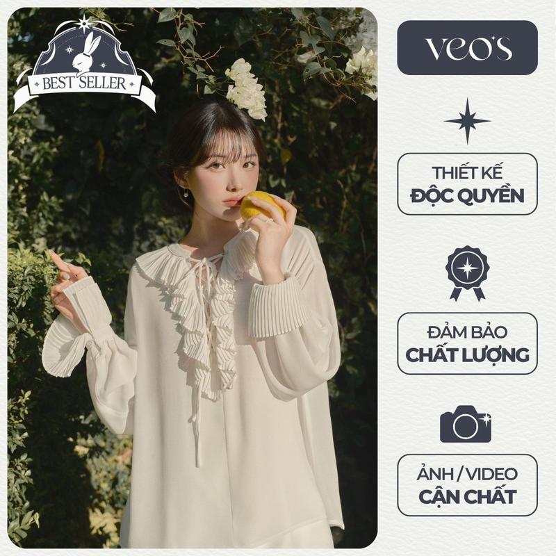 VEO'S FAIRY TOP - Áo Sơ Mi Thiết Kế Nữ Tay Dài Xếp Ly Cổ Bèo Chất Lụa Chiffon Veo’s Màu Trắng Thanh Lịch Tiểu Thư