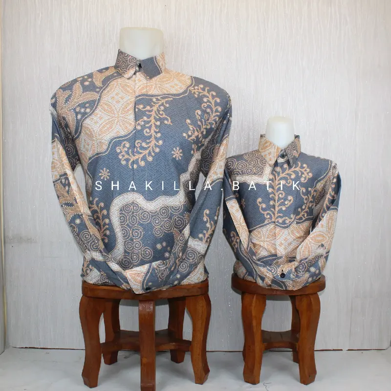 SH38.Kemeja Batik Pria lengan Panjang Couple Ayah dan Anak Bahan Katun premium Lapis Furing Warna Abu Abu Cream 0
