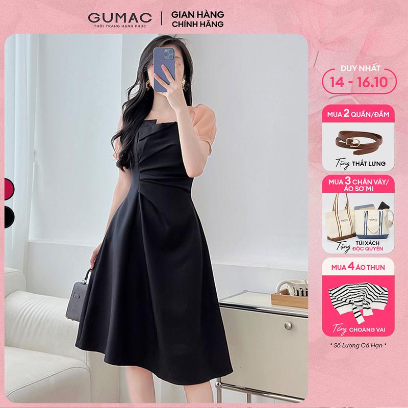 [MUA 2 TẶNG THẮT LƯNG] Đầm nữ form A thiết kế cổ vuông phối tơ xếp ly tay phồng màu đen - đỏ đô thời trang GUMAC LDE0701