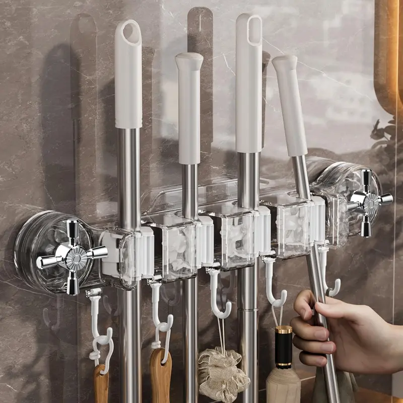 Wall Mounted Mop & Broom Holder, 1 Count Space Saving Self Adhesive Mop & Broom Storage Rack with 4 Holders & 5 Hooks, Home Organizer for Laundry Room 0