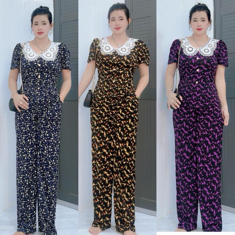   Ống rộng  Đồ Bộ Nữ Quần Dài Ống Suông Cổ Tròn Tay Phồng Vải Thun Size 48-85kg Áo Có Nhấn Ben 2 Bên Túi Sâu Sang Trọng Thanh Lịch Chất Liệu Co Giãn Tốt 