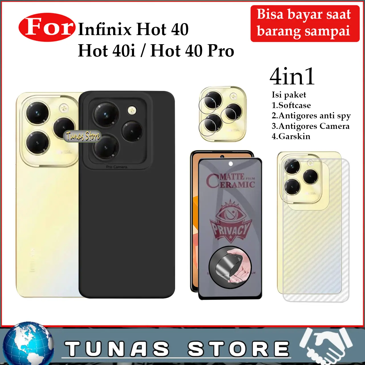 Paket 4in1 Softcase Infinix Hot 40 40i 40 Pro Casing Silikon tempered glass skin carbon tg camera