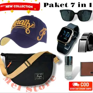 Paket Komplit 7 in 1 untuk Pria: Tas Selempang Perahu, Topi Hitam Distro Bordir, Jam Tangan, Kacamata, Gesper, Dompet & Parfum