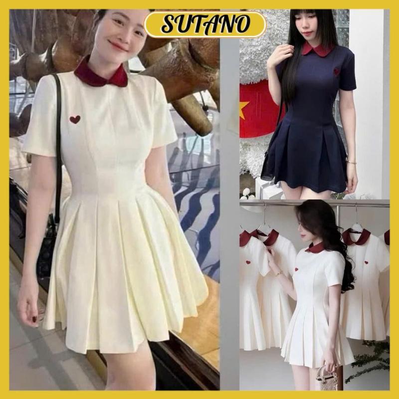 [Chỉ còn vài sản phẩm] [XẢ KHO] Đầm tiểu thư nữ cổ sen thêu trái tim đầm thiết kế thắt eo xếp ly sang chảnh V19 SUTANO