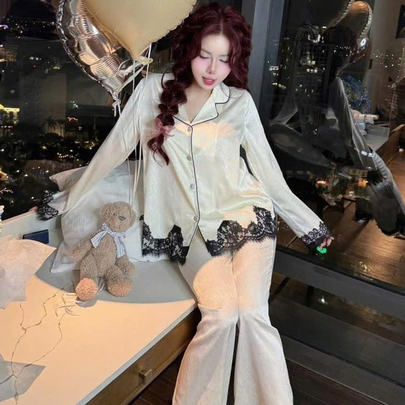 N320- Pijama dài tay lụa xước cao cấp phối viền ren cúc đá ngọc- Bộ ngủ mặc nhà dài cho nữ hàng quảng châu