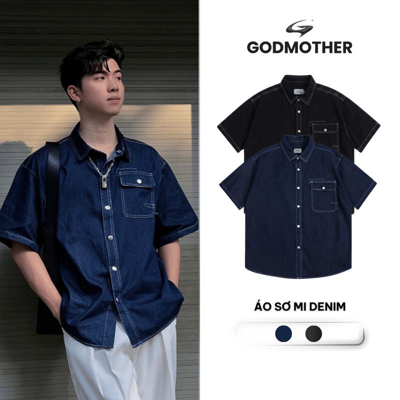 Áo Sơ Mi Denim GODMOTHER Áo Sơ Mi Basic Form Rộng Nam Nữ Unisex Phong Cách Tối Giản Xuân Hè 2025