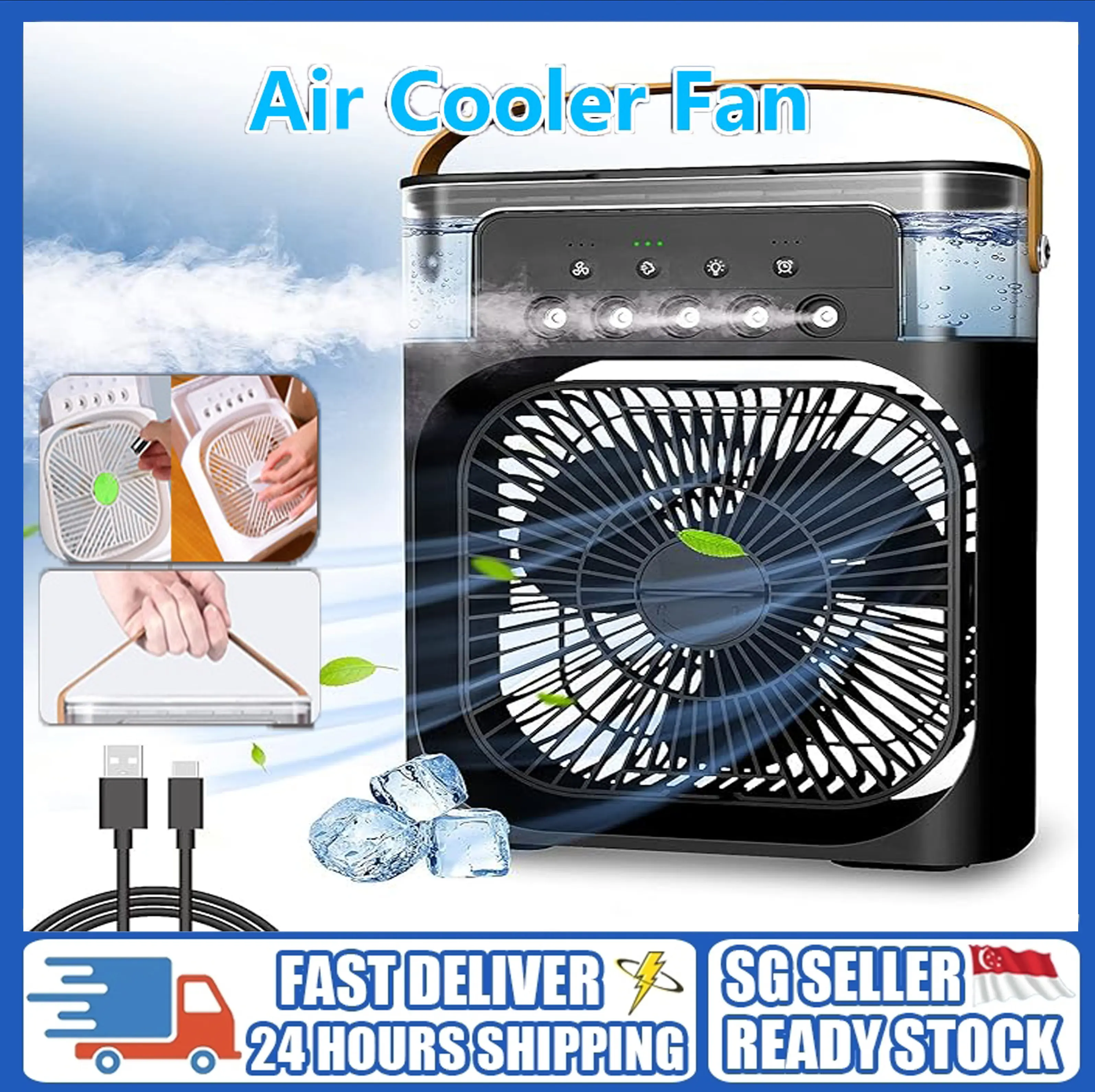 🚚SG Seller🚚Desktop Add ice and cool mobile air fan   spray  fan Home bedroom air  electric fan Office desktop summer artifact portable ，6 inches  7 LED Light fan air cooler ，mini air cooler fan  air conditioner USB  air cooler Fan Aircond Humidifier