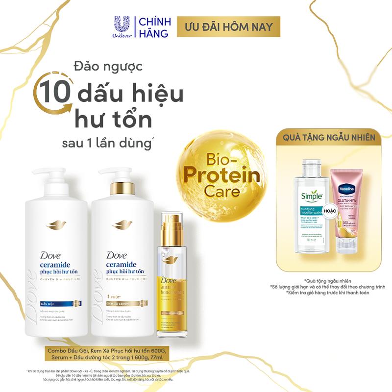 3FS Combo Dầu Gội, Kem Xả Dove Ceramide Phục hồi hư tổn, Serum + Dầu dưỡng tóc 2 trong 1 600g, 77ml