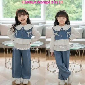 Stelan Baju Rompi Jins Pita anak Perempuan 3 - 10 Tahun Model SHILLA Rompi Pita 3 in 1 Jins Fashion Koreans Style Celana Jeans Usia 3 - 10 Tahun Set Rompi Model kekinian Korean Style terbaru 2026 Anak Perempuan - Fashion Baju Stelan