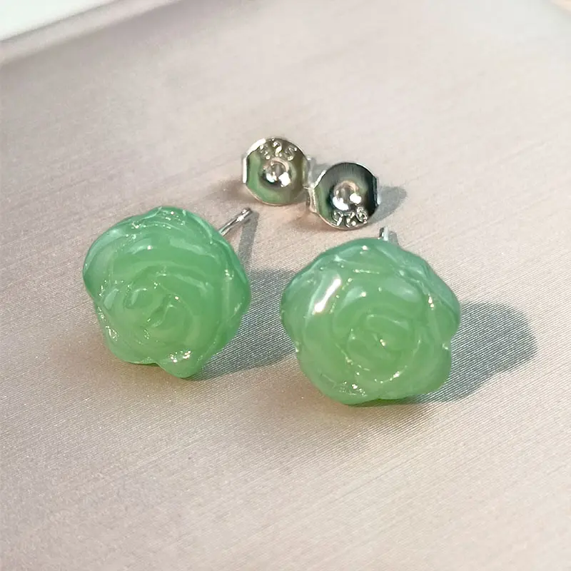 Jade mawar anting-anting wanita 925 perak murni kuku telinga vintage permata perhiasan hadiah