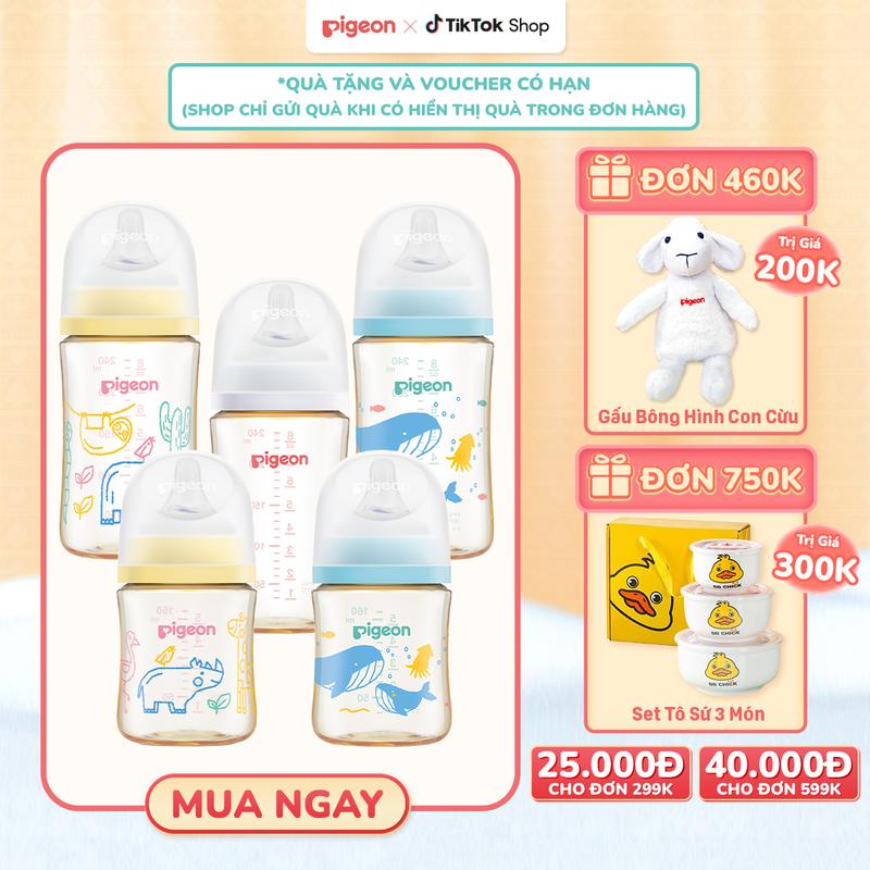  Bình Sữa Pigeon PPSU Softouch Baby-Friendly World 160ml 240ml - Nhiều Hoạ Tiết 