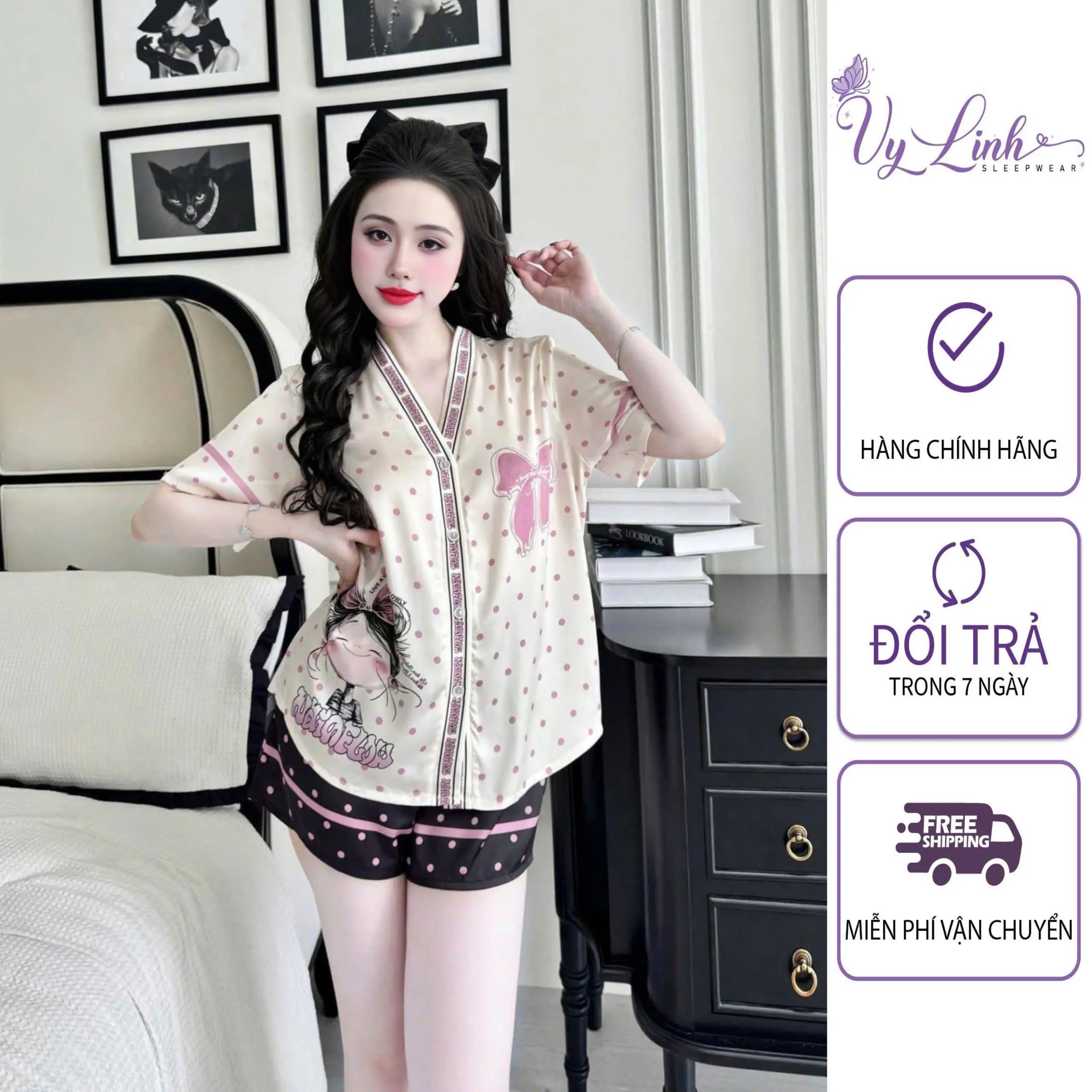 [1] Vy Linh Sleepwear Bộ Đồ Pijama Cổ Y Dành Cho Nữ Hoạ Tiết Dễ Thương Chất Liệu VảI Lụa Latin Cao Cấp S1103-1