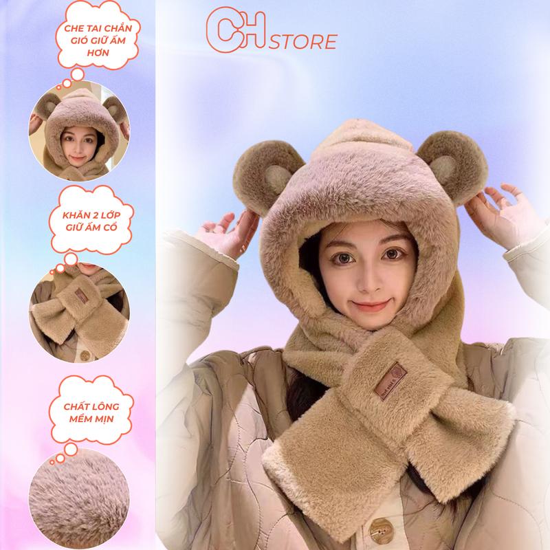 Mũ len nữ kèm khăn kiểu dáng thời trang dành cho nữ hình gấu đáng yêu