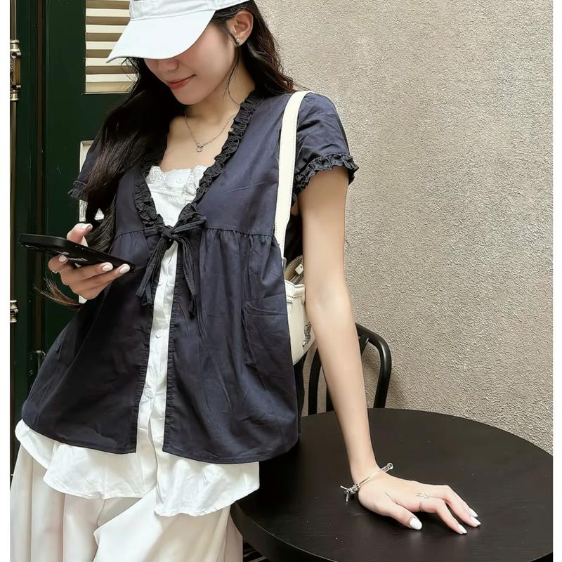 Áo sơ mi kiểu nữ chất đũi lì SM403 dáng babydoll mix ren tiểu thư buộc nơ form rộng mùa hè thu Hàn Quốc Kozoda