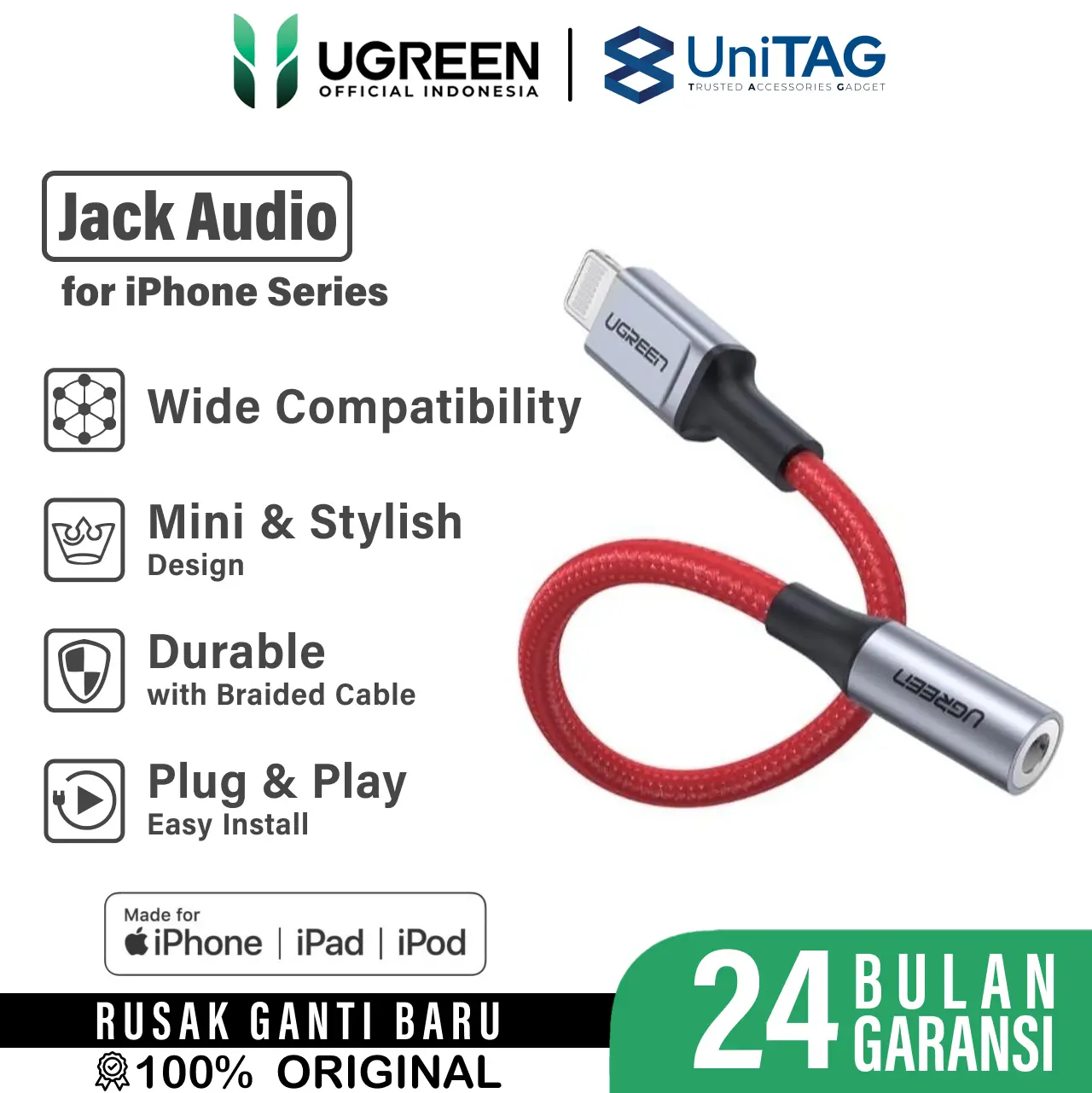 UGREEN Kabel Audio Converter Splitter iPhone Samsung USB Type C DAC Lightning to Jack Audio 3.5mm Adapter MFi Cable
